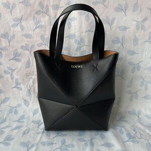 Loewe Puzzle Fold Tote Mini In Black Shiny Calfskin